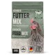 Ein 5 kg Sack Hühnerfutter-Mischung mit einem Nahaufnahme einer Henne, beschriftet mit "Hühner Futter Mix," das seine gesunden, gentechnikfreien deutschen Zutaten hervorhebt.