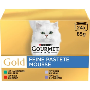 Verpackung von Purina Gourmet Gold Katzenfutter mit einer weißen Katze, beschriftet mit "Feine Pastete Mousse" und Geschmacksrichtungen: Kaninchen, Rind, Kalb und Lamm.