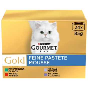 Verpackung von Purina Gourmet Gold Katzenfutter mit einer weißen Katze, beschriftet mit "Feine Pastete Mousse" und Geschmacksrichtungen: Kaninchen, Rind, Kalb und Lamm.