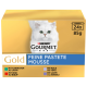 Opakowanie karmy dla kotów Purina Gourmet Gold z białym kotem, oznaczone "Feine Pastete Mousse" z smakami: królik, wołowina, cielęcina i jagnięcina.