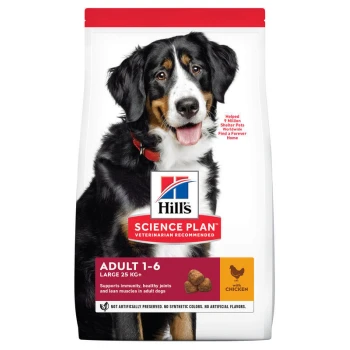 Hundefuttertüte mit einem Berner Sennenhund, beschriftet mit "Hill's Science Plan," für große erwachsene Hunde, 25 kg+, mit Huhn, unterstützt das Immunsystem.