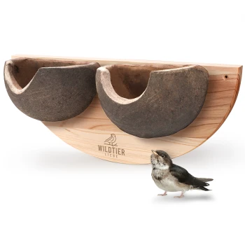 Ein hölzerner Vogelhaus mit zwei Steinschalen, mit einem kleinen Vogel davor, und dem Logo 'WILDTIER LIEBE' an der Basis.