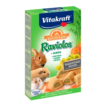 Vitakraft Raviolos Haustierleckerlis-Box mit einem Hasen und Meerschweinchen, mit Text, der "Gemüse" und "traditionelles Rezept" hervorhebt.