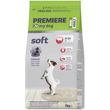 Groen en grijs zakje Premiere I love my dog Mini Adult zacht halfvochtig hondenvoer met 60% rundvlees, kleine brokjes, 1 kg.