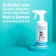 Sprühflasche mit der Aufschrift 'GREEN HERO Giardien-EX', die zum Schutz gegen Giardia, Bakterien, Viren und Pilze entwickelt wurde, hergestellt in Deutschland.