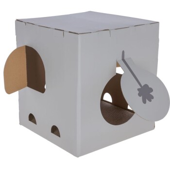 Weißes Kartonhaustier mit ausgeschnittenen Eingängen und einem verspielten Design, mit einer Löffelgrafik auf einer Seite.