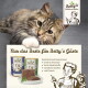 Eine verspielte Katze ruht neben zwei Dosen von Bettys Katzenfutter, mit einem Teller Pâté. Der Text hebt hochwertige Zutaten und deutsche Herkunft hervor.