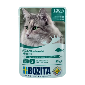 Katze-Futterbeutel mit einer Nahaufnahme einer grauen Katze mit grünen Augen, beschriftet mit "Bozita" und den Ansprüchen "100% Tierprotein" und "Getreidefrei".