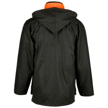 Schwarze wasserdichte Haustierjacke mit Kapuze und leuchtend orangefarbenem Kragen, von hinten gezeigt.