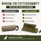 Deutsche Anzeige: 'Warum ein Futterdummy? Motivation durch Belohnung' vergleicht gewöhnlichen Trainingsdummy (links) und Romneys Futterdummy mit Leckerlis (rechts).