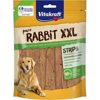 Przysmaki dla psów Vitakraft Pure Rabbit XXL Strips, bez zbóż, bez dodatków, 100% chude mięso królika, opakowanie nadające się do recyklingu.
