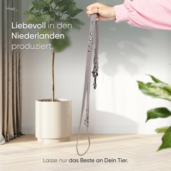 Eine Hand hält eine graue Hundeleine drinnen mit einer Topfpflanze. Text: "Liebevoll in den Niederlanden produziert" und "Lasse nur das Beste an Dein Tier."