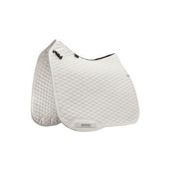 Weißes, gestepptes Sattelpad mit einem strukturierten Diamantmuster, mit schwarzem Rand und einem Stubben-Logo an der Seite.