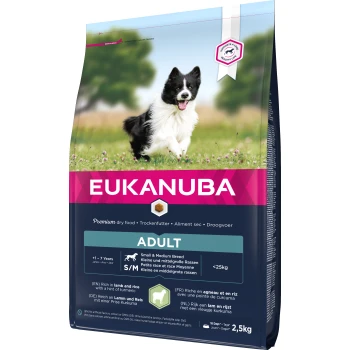 Eukanuba Premium Trockenfutter für kleine und mittelgroße Hunderassen, mit einem schwarz-weißen Hund auf der Verpackung, 2,5 kg.
