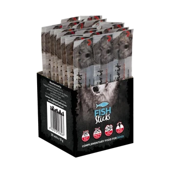 Display-Box mit Fish Sticks Hundesnacks mit Wolfs-Grafik, mehrere Stickpacks, Aufschrift 'COMPLEMENTARY FOOD FOR DOGS'.