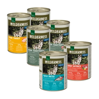 Sechs Dosen Wilderness Hundefutter in verschiedenen Geschmacksrichtungen: Pure Turkey, Wide Territory, Fresh Water und Great Outback, alle mit 95% Fleisch.
