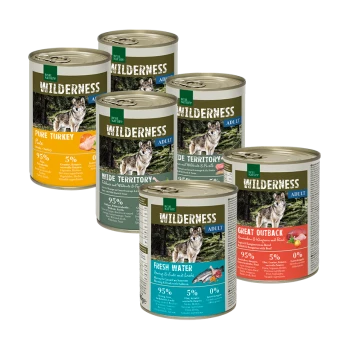 Sechs Dosen Wilderness Hundefutter in verschiedenen Geschmacksrichtungen: Pure Turkey, Wide Territory, Fresh Water und Great Outback, alle mit 95% Fleisch.