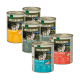 Sechs Dosen Wilderness Hundefutter in verschiedenen Geschmacksrichtungen: Pure Turkey, Wide Territory, Fresh Water und Great Outback, alle mit 95% Fleisch.