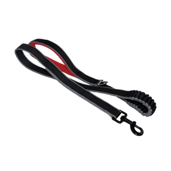 Schwarze und rote Bungee-Hundeleine mit einem Metallclip, mit einem gepolsterten Griff und einem elastischen Abschnitt für zusätzlichen Komfort.