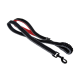 Schwarze und rote Bungee-Hundeleine mit einem Metallclip, mit einem gepolsterten Griff und einem elastischen Abschnitt für zusätzlichen Komfort.