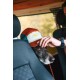 Braun-weißer Hund mit rot-türkis-weißer Kappe lugt zwischen Autositzen hervor, während eine Hand seine Kappe richtet