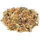 Tas de nourriture mixte pour oiseaux et petits animaux de compagnie avec graines, céréales, granulés, légumes séchés et vers de farine.