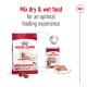 Royal Canin dog food packaging featuring dry food for medium-sized dogs aged 10+, with a can of wet food and a serving suggestion.