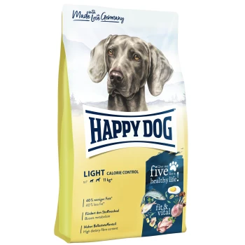 Sac de nourriture pour chien présentant un chien gris, étiqueté "HAPPY DOG LIGHT CALORIE CONTROL," avec des affirmations de 40% de graisse en moins et des bienfaits pour le métabolisme.