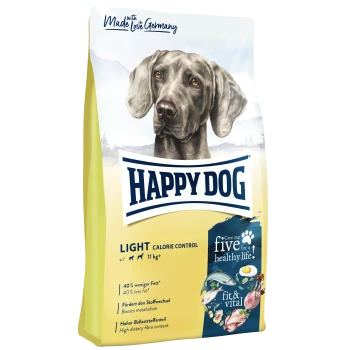 Hundefutterbeutel mit einem grauen Hund, beschriftet mit 'HAPPY DOG LIGHT CALORIE CONTROL', mit Angaben zu 40% weniger Fett und Vorteilen für den Stoffwechsel.