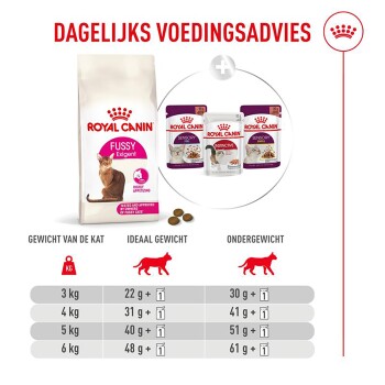 Royal Canin Fussy kattenvoerzak en sachets, 'DAGELIJKS VOEDINGSADVIES' voedingsschema met porties voor 3–6 kg