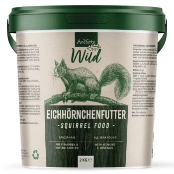 2 kg Aniforte Wild Eichhörnchenfutterbehälter mit grünem Deckel, Eichhörnchen-Grafik und Text zu Vitaminen und Mineralien.