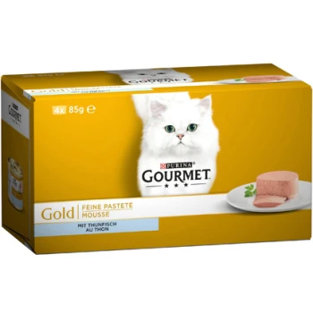 Gourmet Gold Katzenfutterverpackung mit einer weißen Katze, mit einer Box, die vier 85 g Mousse-Portionen mit Thunfischgeschmack enthält.