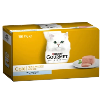 Gourmet Gold Katzenfutterverpackung mit einer weißen Katze, mit einer Box, die vier 85 g Mousse-Portionen mit Thunfischgeschmack enthält.