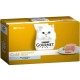 Gourmet Gold Katzenfutterverpackung mit einer weißen Katze, mit einer Box, die vier 85 g Mousse-Portionen mit Thunfischgeschmack enthält.