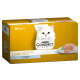 Gourmet Gold Katzenfutterverpackung mit einer weißen Katze, mit einer Box, die vier 85 g Mousse-Portionen mit Thunfischgeschmack enthält.