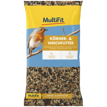 MultiFit bird seed bag with robin on a branch labeled "KÖRNER- & WEICHFUTTER" (grain and soft food), 2.5 kg