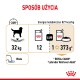 Infografika dotycząca wytycznych żywieniowych Royal Canin Labrador Retriever Adult; pokazuje psa o wadze 32 kg, 827 kcal/kg energii oraz ikonę wody.