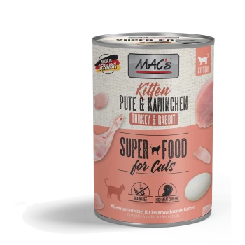 Dosenfutter für Katzen mit der Aufschrift "MAC's Kitten Truthahn & Kaninchen", mit Bildern von Truthahn- und Kaninchenfleisch, sowie den Symbolen "Getreidefrei" und "Hoher Fleischanteil".