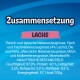 Blaues Etikett 'Zusammensetzung' mit pinkem Banner 'LACHS'; Zutatenliste (4% Lachs) und Analysewerte: Feuchtigkeit 87%.
