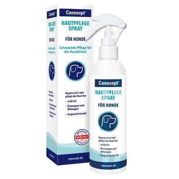 Canosept Hautpflege Spray für Hunde — weiße Sprühflasche und Verpackung; Hautpflege für Hunde mit blau-türkisem Etikett und Hunde-Symbol