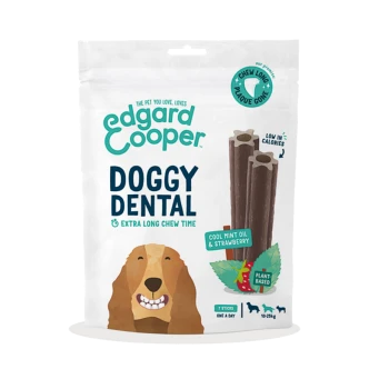 Edgard Cooper Doggy Dental treats package with a smiling dog, labeled "Doggy Dental," featuring "Cool Mint Oil & Strawberry."