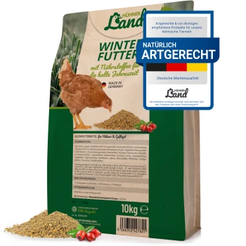 Ein 10 kg Sack "Hühner Land Winter Futter" Hühnerfutter, mit einer Grafik eines braunen Huhns, Nährstoffdetails und Text auf Deutsch.