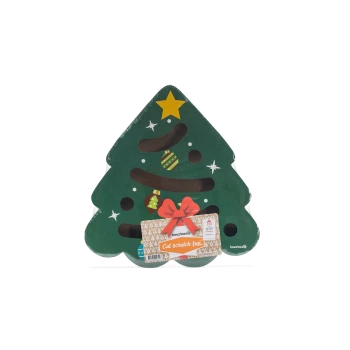 Beeztees Christmas tree-shaped cat scratcher with ornaments and a red bow, labeled "Cat scratch fun."