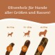 Olivenholz-Kauspielzeug für Hunde, beschriftet mit "Wildfang," Größe L (23-28 cm), geeignet für Hunde von 25-45 kg, mit einer visuellen Anleitung für die Größen S, M und L.