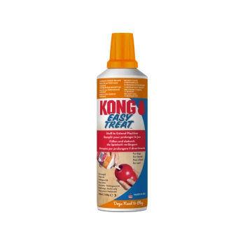 Flacon de KONG Easy Treat, pâte à garnir pour chiens à presser, bouchon orange, logo KONG rouge et slogan «Dogs Need to Play».