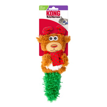 KONG Kickeroo catnip toy shaped like a brown reindeer with red antlers, red scarf, and green fuzzy tail on packaging.