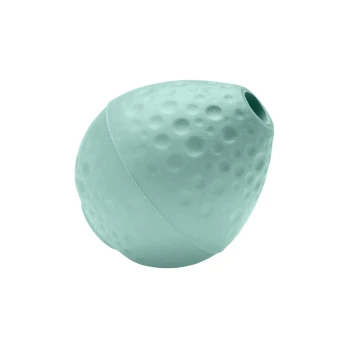 Ein hellblaues, strukturiertes Gummispielzeug für Haustiere in Eiform, mit einem Loch für Leckerlis oder zum Spielen.