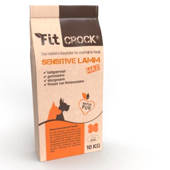 Braune und beige Fit Crock Sensitive Lamm Hundefuttertüte mit der Aufschrift "MAXI", getreidefrei, allergenreduziert, mit Weidelamm.