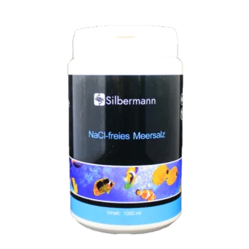 Behälter mit silbermann NaCl-freiem Meersalz für Aquarien, auf Deutsch beschriftet, mit einem Fassungsvermögen von 1000 ml.