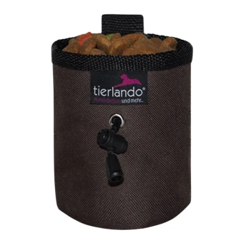 Ein brauner Haustierfutterbehälter, gefüllt mit Trockenfutter, mit einem schwarzen Kordelzugverschluss und einem "tierlando"-Logo.
